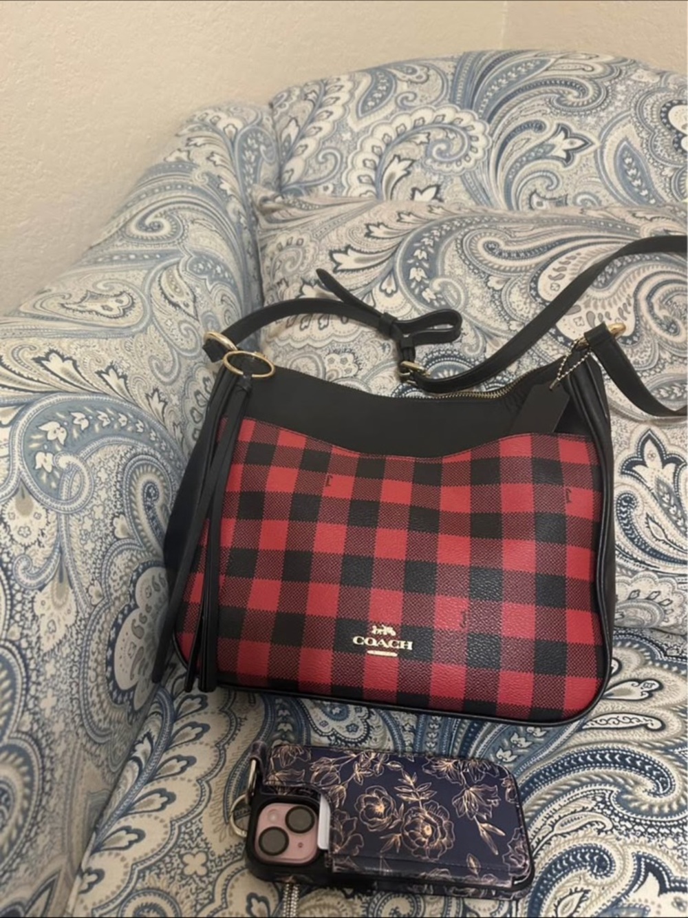 Coach Red and Black Plaid Shoulder Bag with Black Trim
